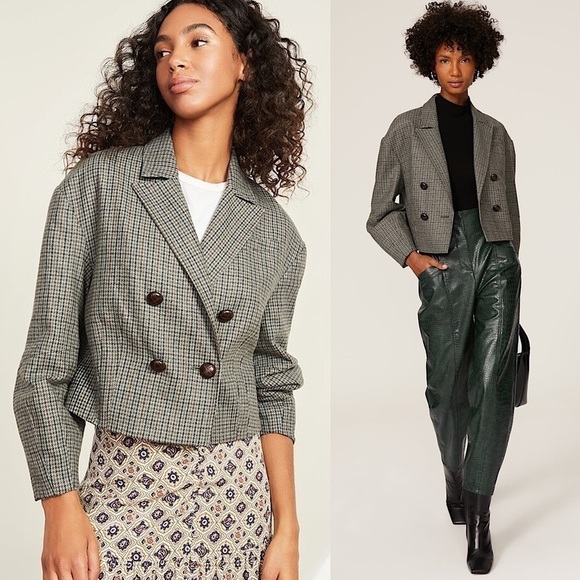 NWT VERONICA BEARD Wool Houndstooth Double Breasted Puff Sleeves Crop Blazer 12 - Picture 1 of 14